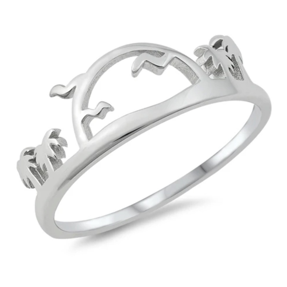 Sterling Silver Palm Trees & Sunset Ring – Size 8